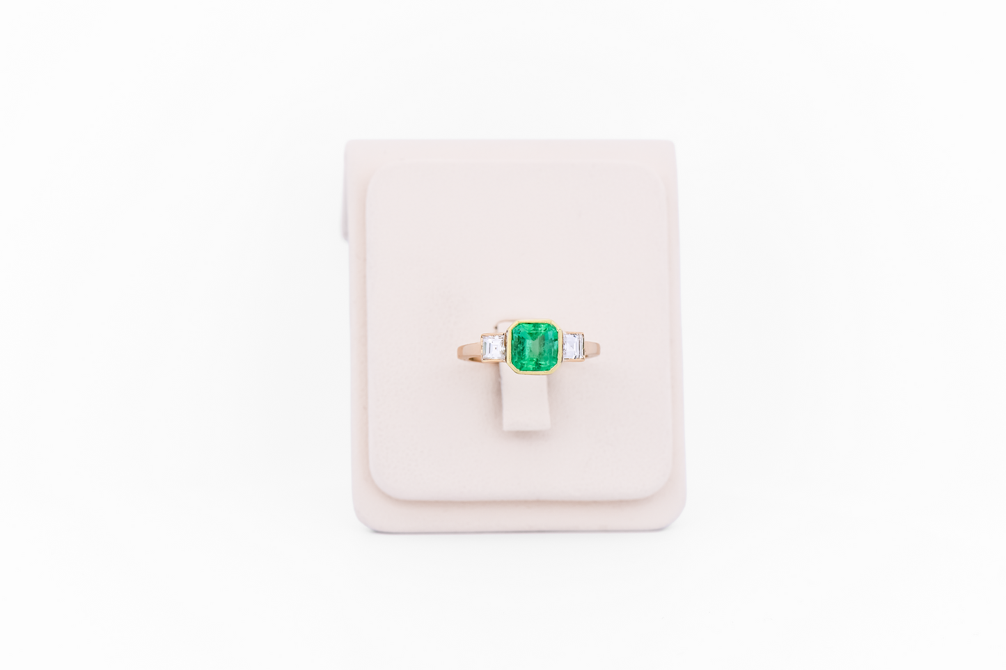 Antique Colombian Emerald & Diamond Three-Stone Bezel Set Ring