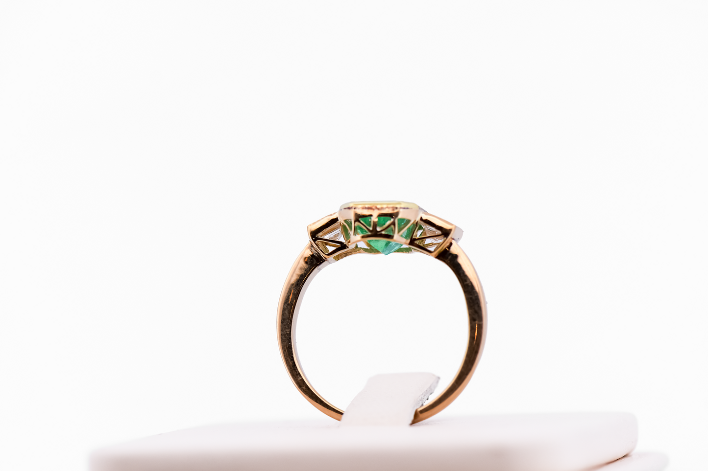 Antique Colombian Emerald & Diamond Three-Stone Bezel Set Ring