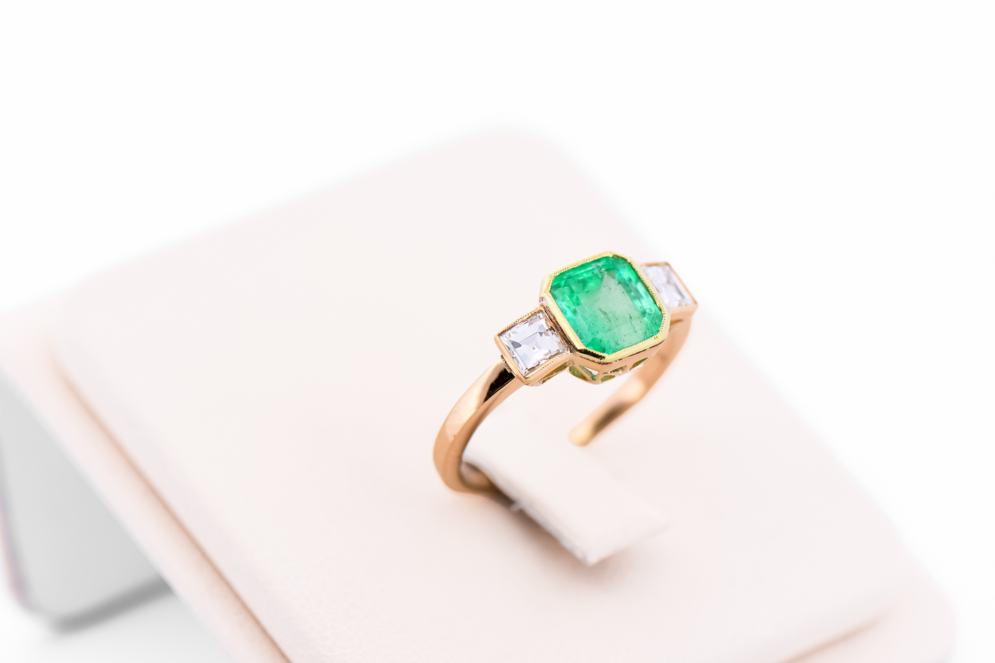 Antique Colombian Emerald & Diamond Three-Stone Bezel Set Ring