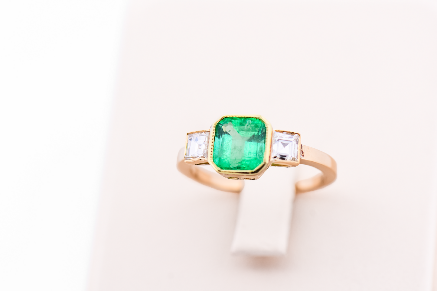 Antique Colombian Emerald & Diamond Three-Stone Bezel Set Ring