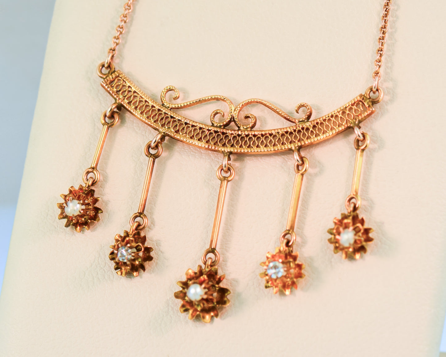 Antique Diamond and Pearl Buttercup Fringe Necklace