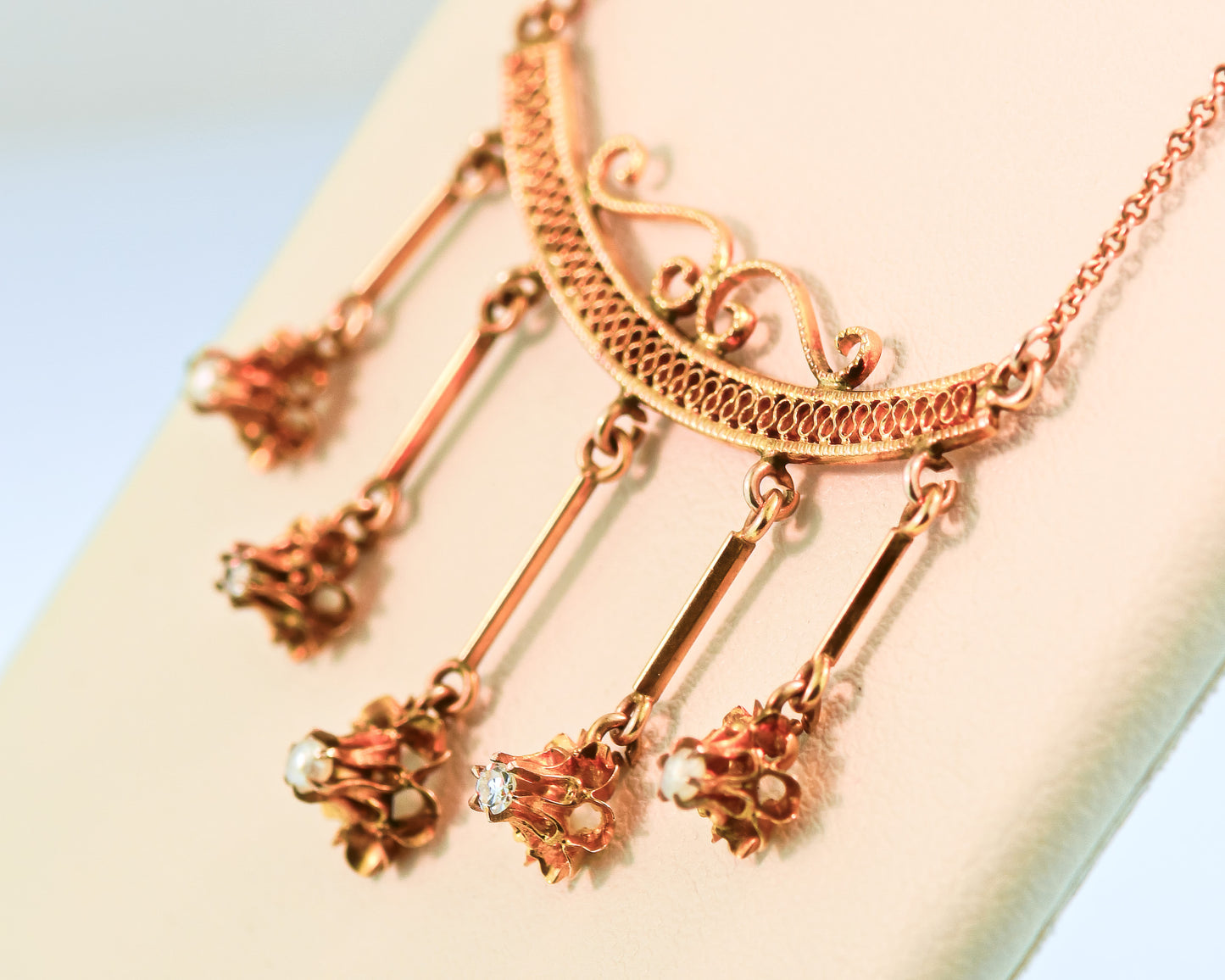 Antique Diamond and Pearl Buttercup Fringe Necklace