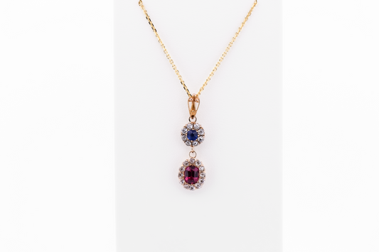 Antique Drop Pendant with Blue Sapphire, Purple Garnet & Old Cut Diamonds