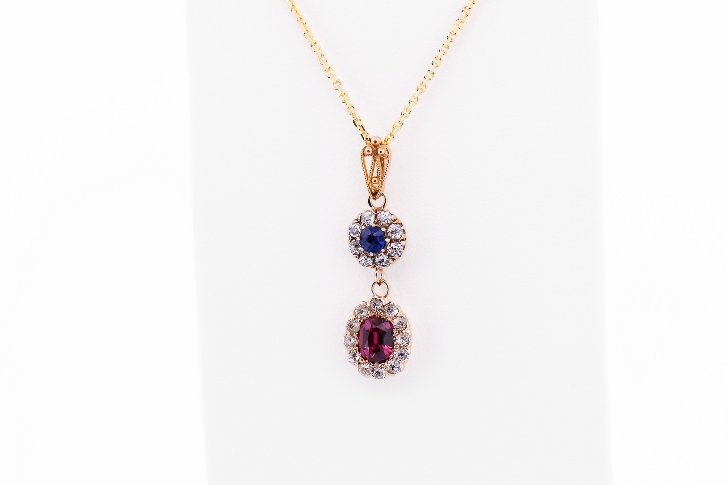 Antique Drop Pendant with Blue Sapphire, Purple Garnet & Old Cut Diamonds