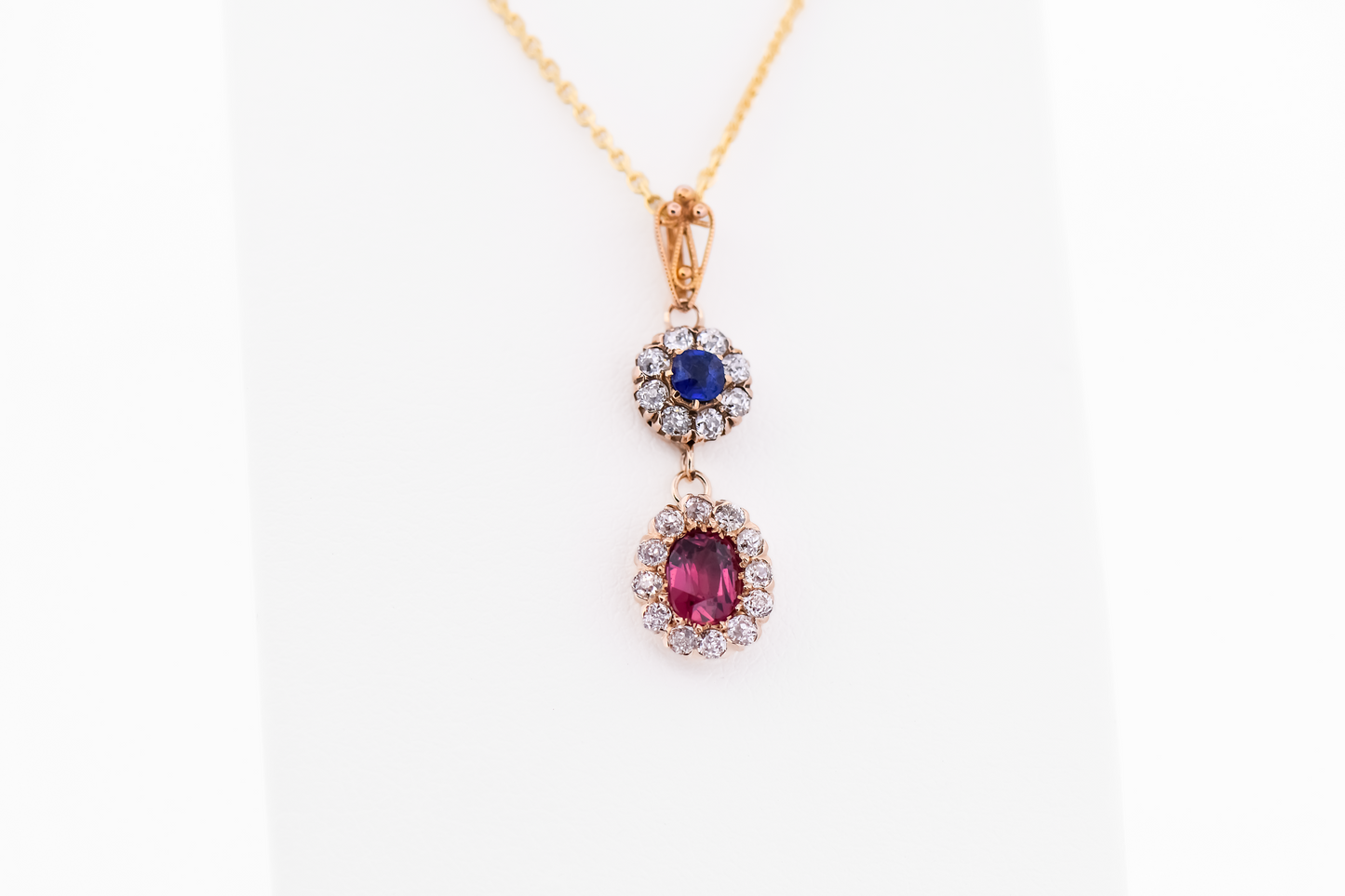 Antique Drop Pendant with Blue Sapphire, Purple Garnet & Old Cut Diamonds