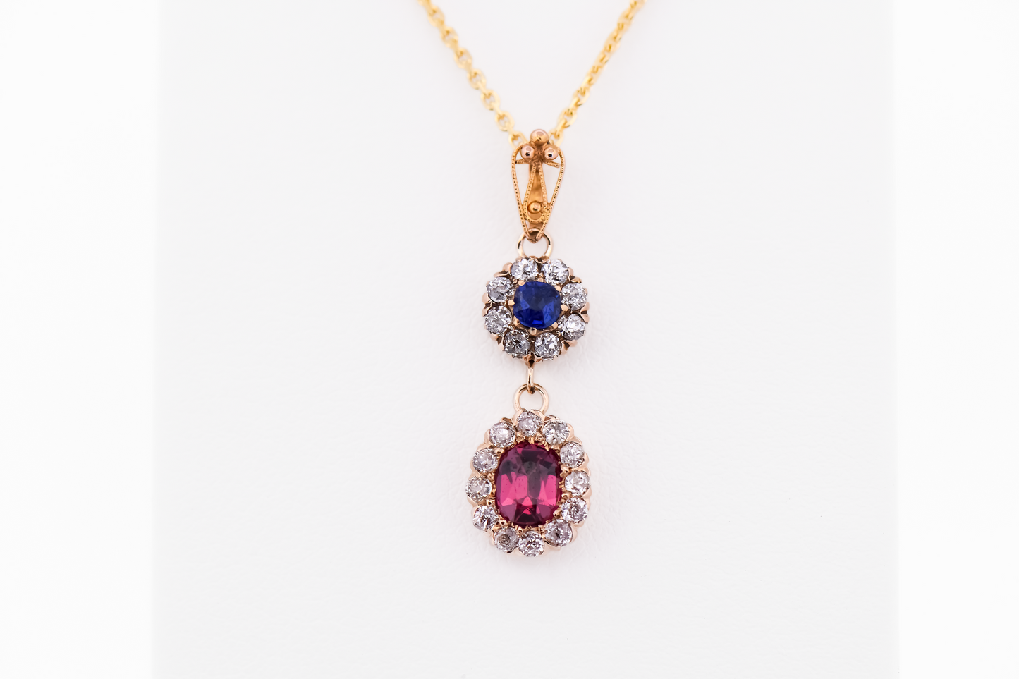 Antique Drop Pendant with Blue Sapphire, Purple Garnet & Old Cut Diamonds