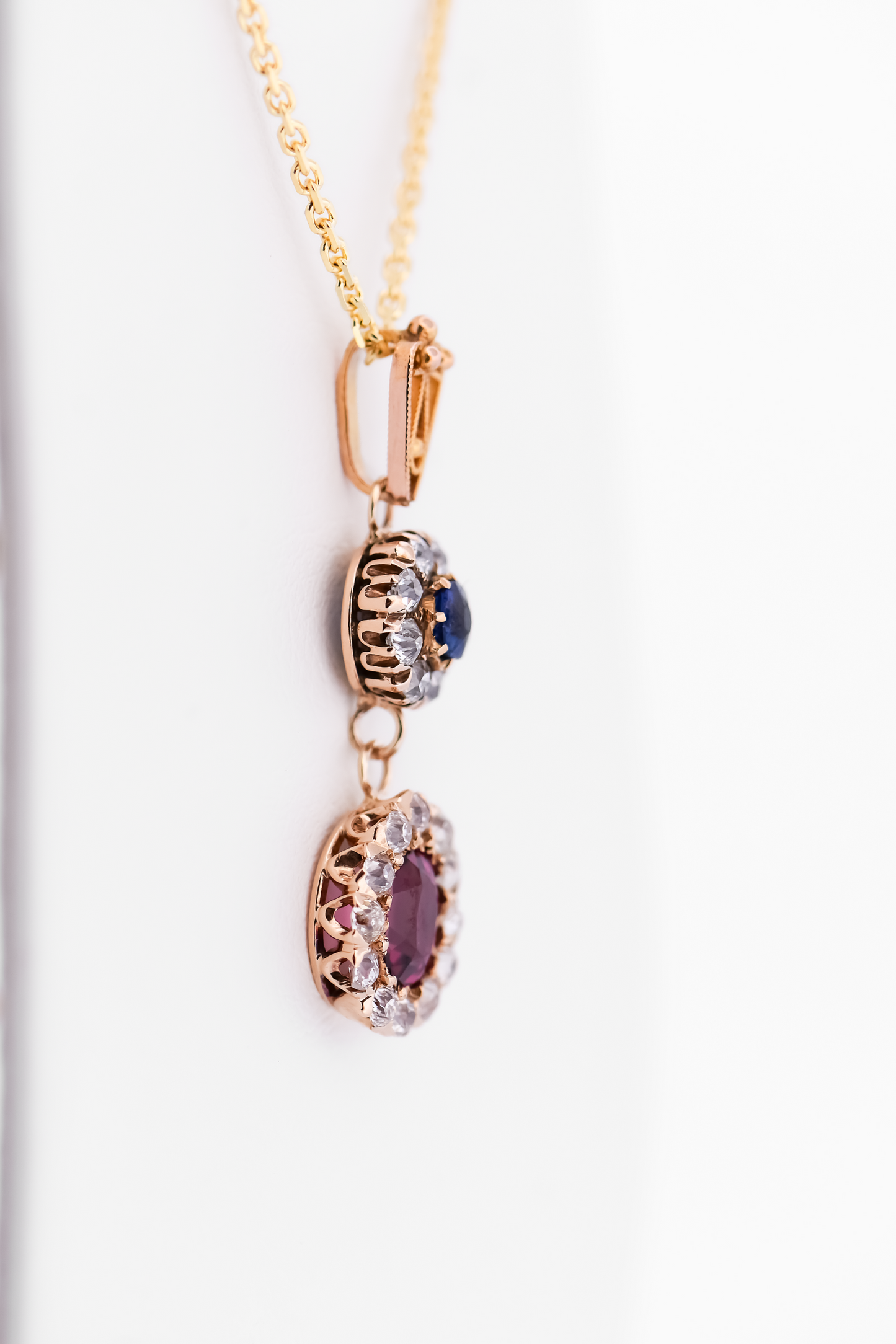 Antique Drop Pendant with Blue Sapphire, Purple Garnet & Old Cut Diamonds