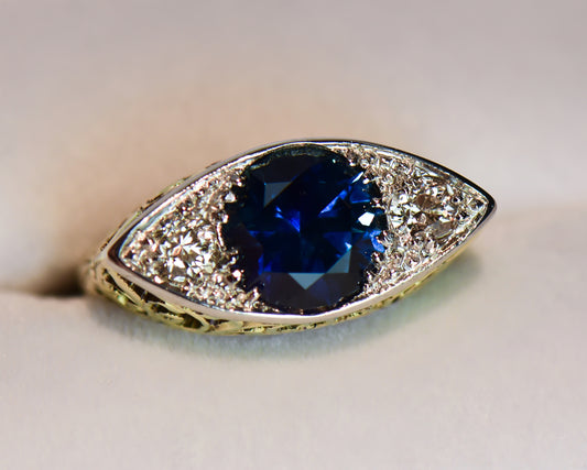 Antique Eye-Shaped Montana Sapphire & Diamond Ring