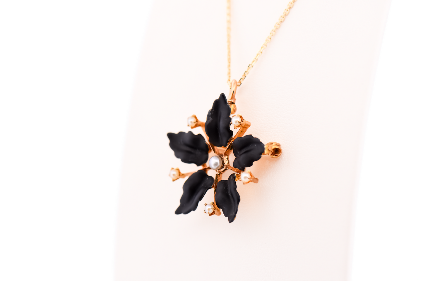 Antique Floral Mourning Pendant Pin Combo with Yellow Gold, Pearls and Black Enamel