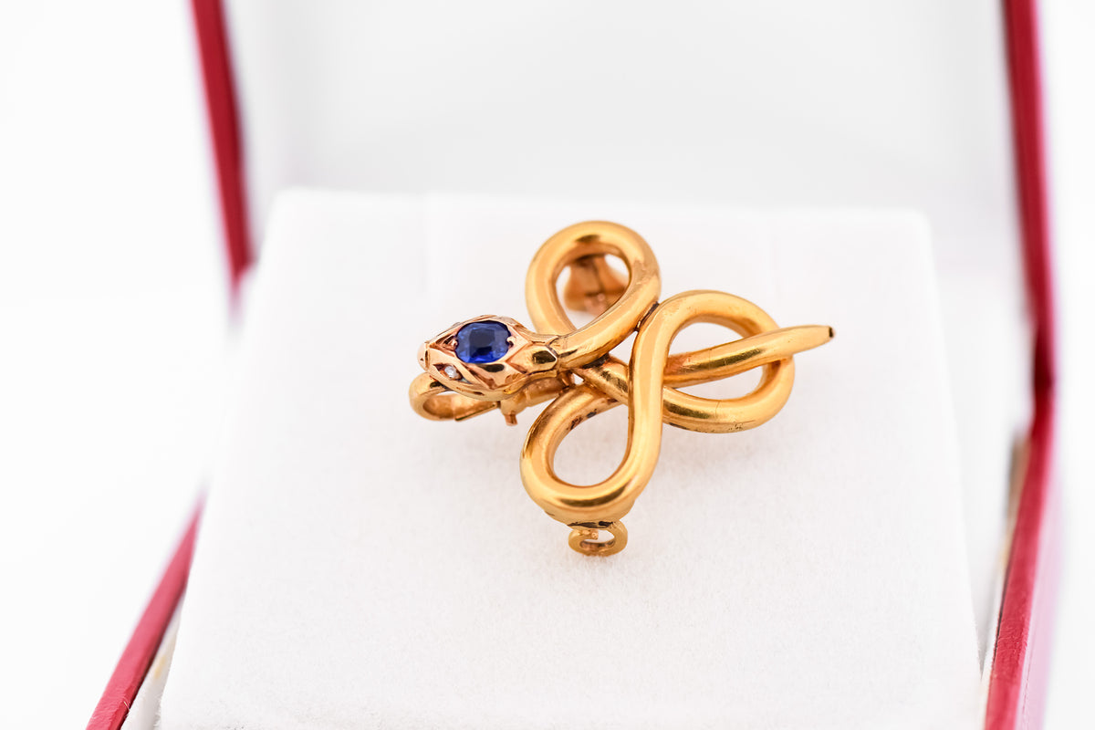 Antique French 18k Love Knot Snake Pin/Pendant with Sapphire & Diamonds