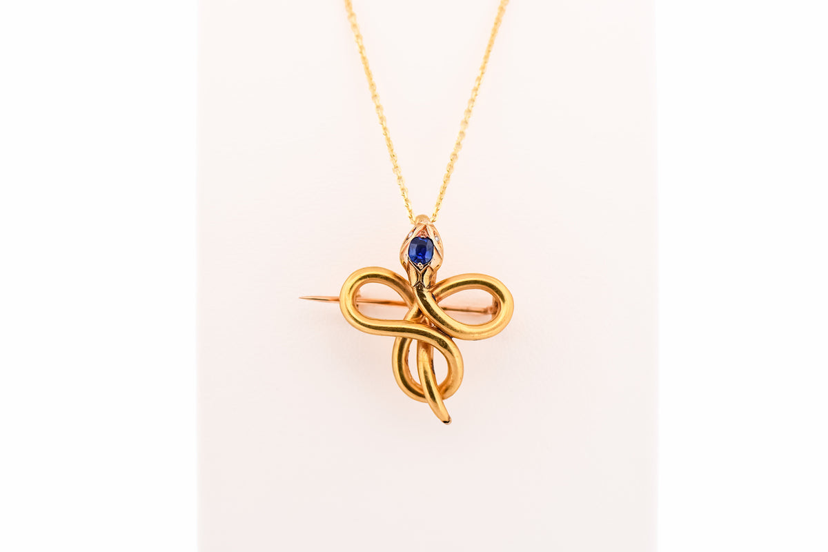 Antique French 18k Love Knot Snake Pin/Pendant with Sapphire & Diamonds