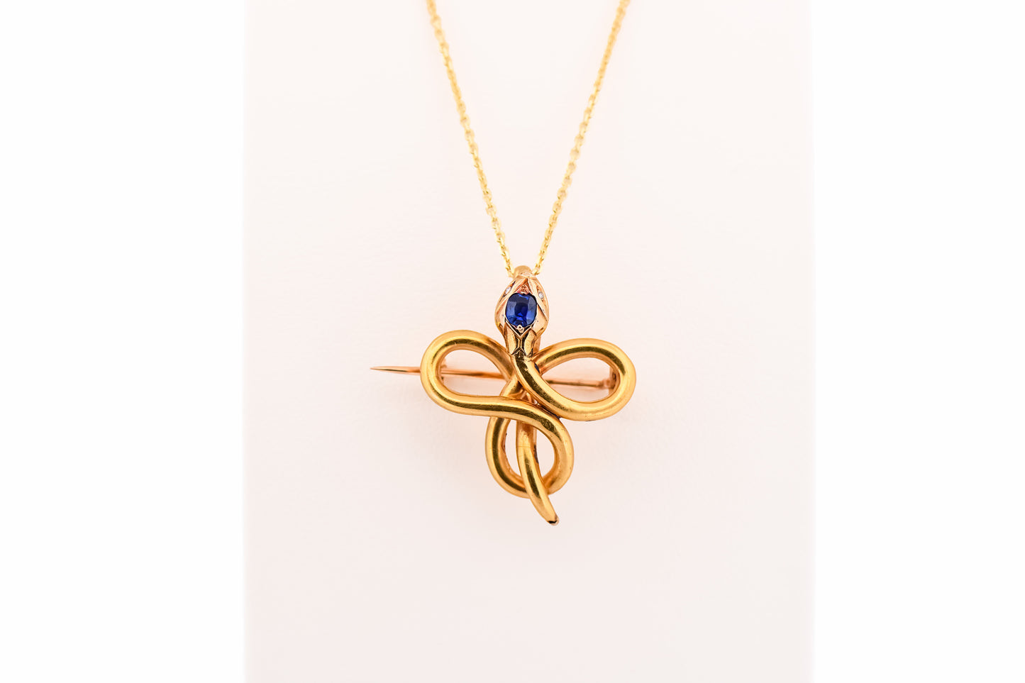 Antique French 18k Love Knot Snake Pin/Pendant with Sapphire & Diamonds