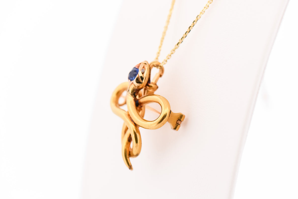 Antique French 18k Love Knot Snake Pin/Pendant with Sapphire & Diamonds