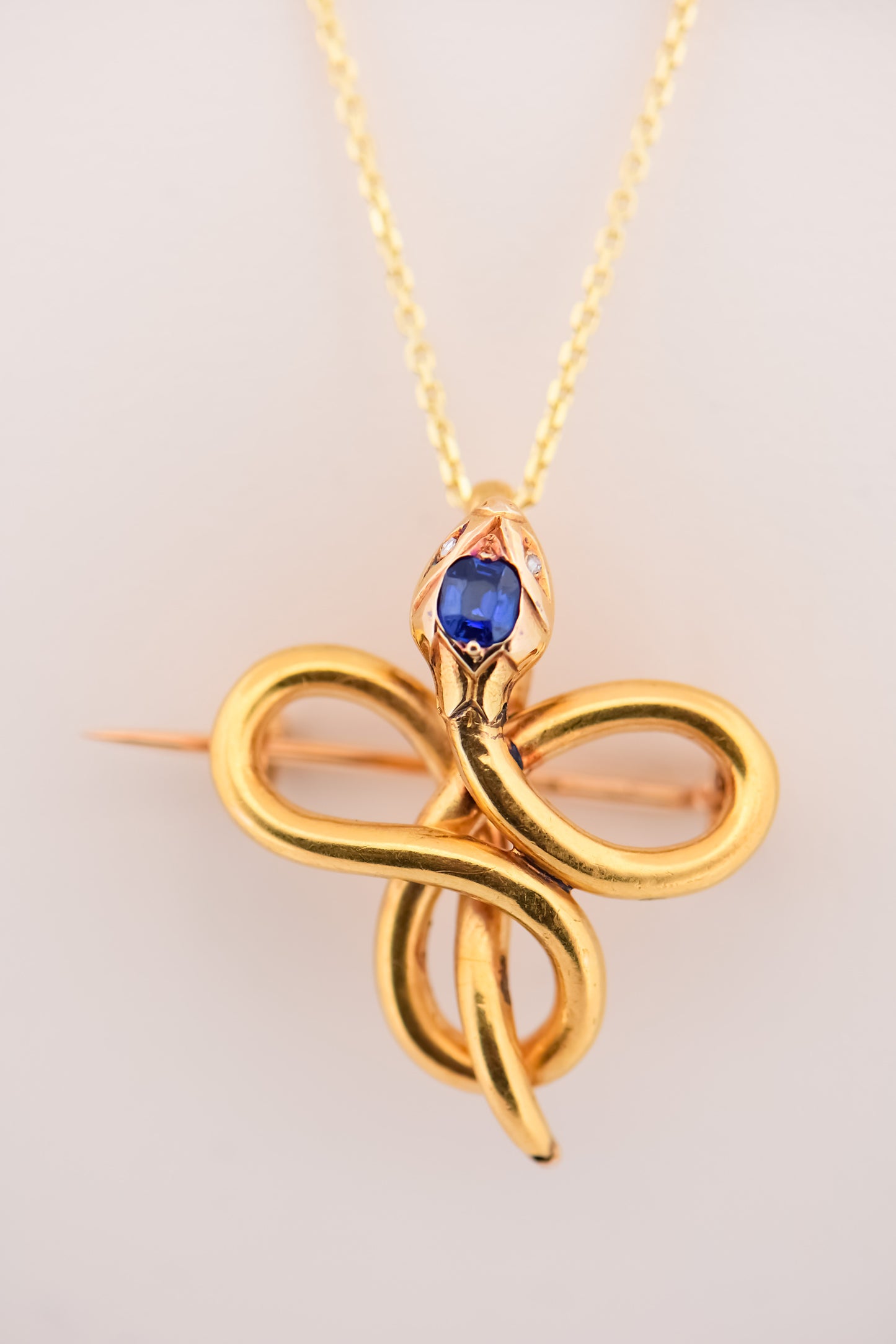 Antique French 18k Love Knot Snake Pin/Pendant with Sapphire & Diamonds