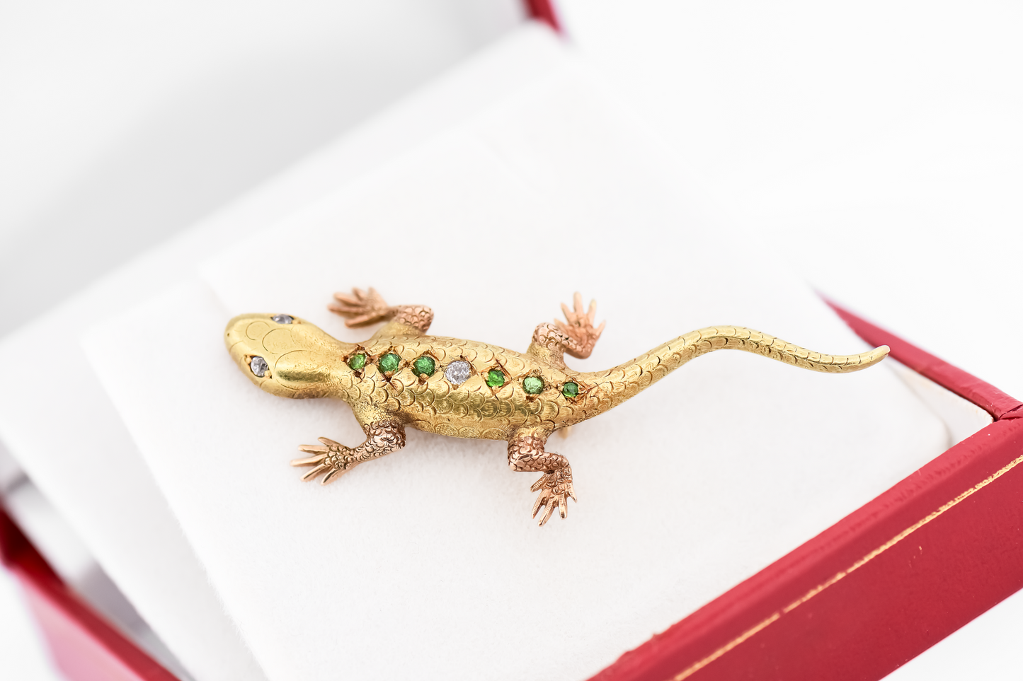 Antique Gecko Lizard Brooch with Demantoid Garnets & Diamonds
