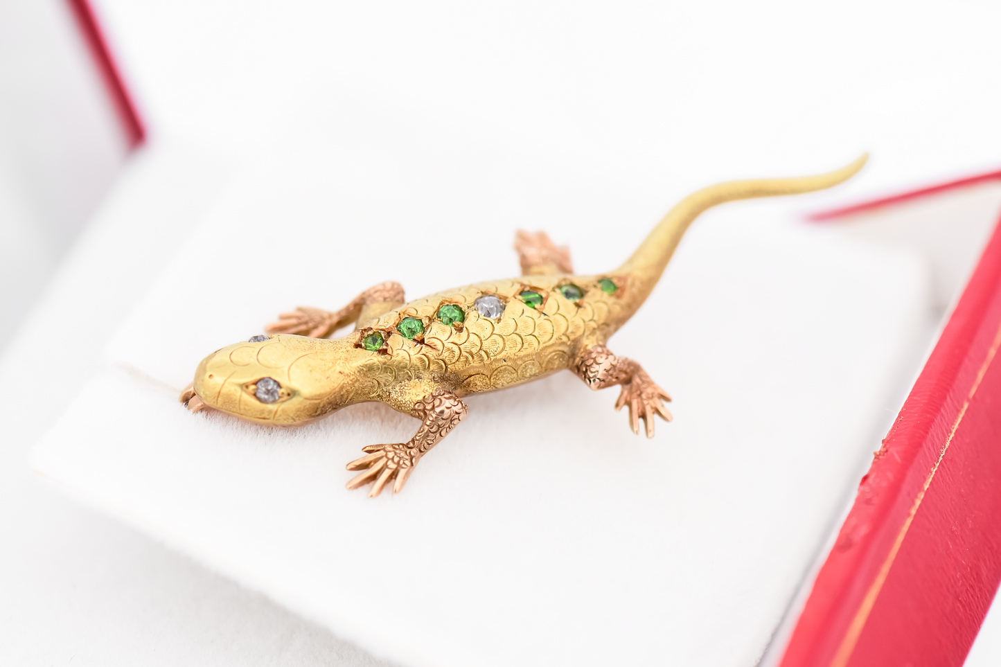 Antique Gecko Lizard Brooch with Demantoid Garnets & Diamonds