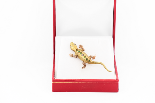 Antique Gecko Lizard Brooch with Demantoid Garnets & Diamonds