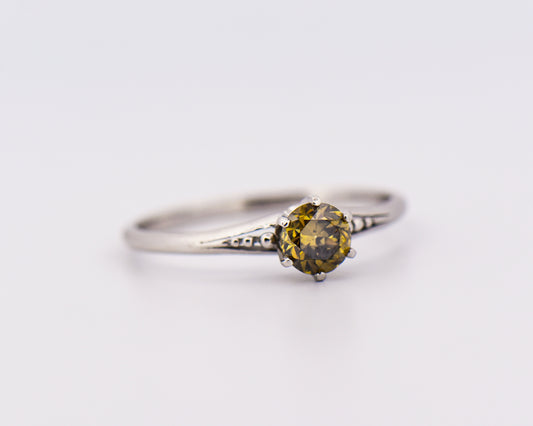 Antique Platinum Solitaire Ring with Olive Green Diamond