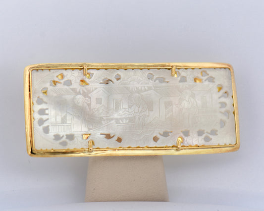 Antique Rectangular Chinese Gambling Token Brooch Pendant in 14k Gold
