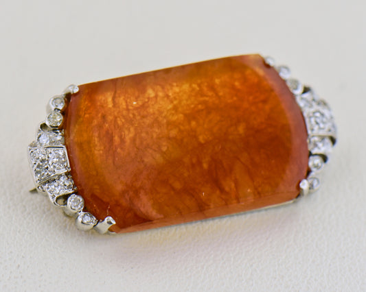 Antique Deco Platinum & Red Jade Brooch