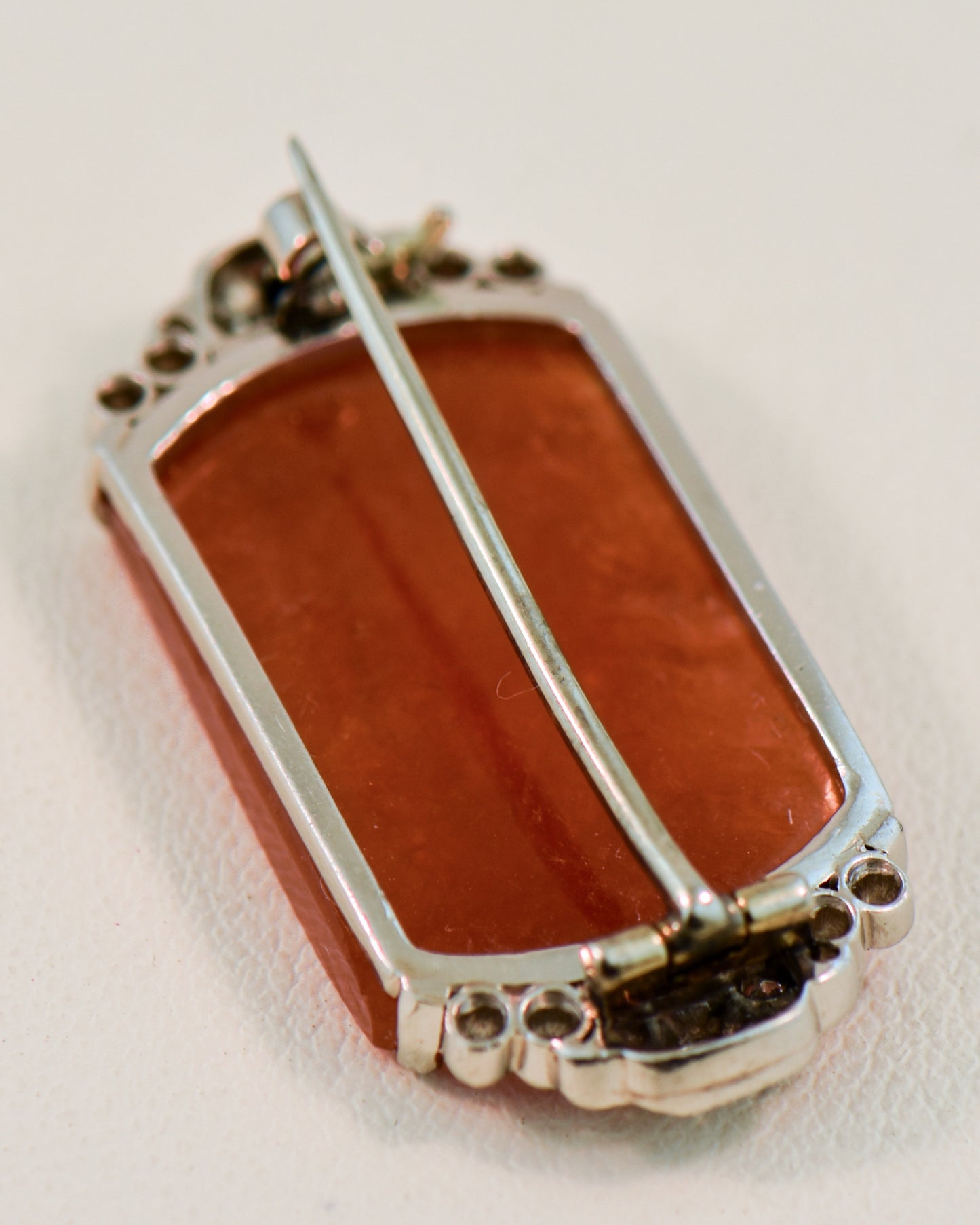 Antique Deco Platinum & Red Jade Brooch