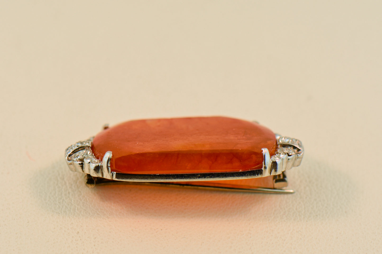 Antique Deco Platinum & Red Jade Brooch