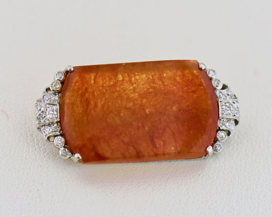 Antique Deco Platinum & Red Jade Brooch
