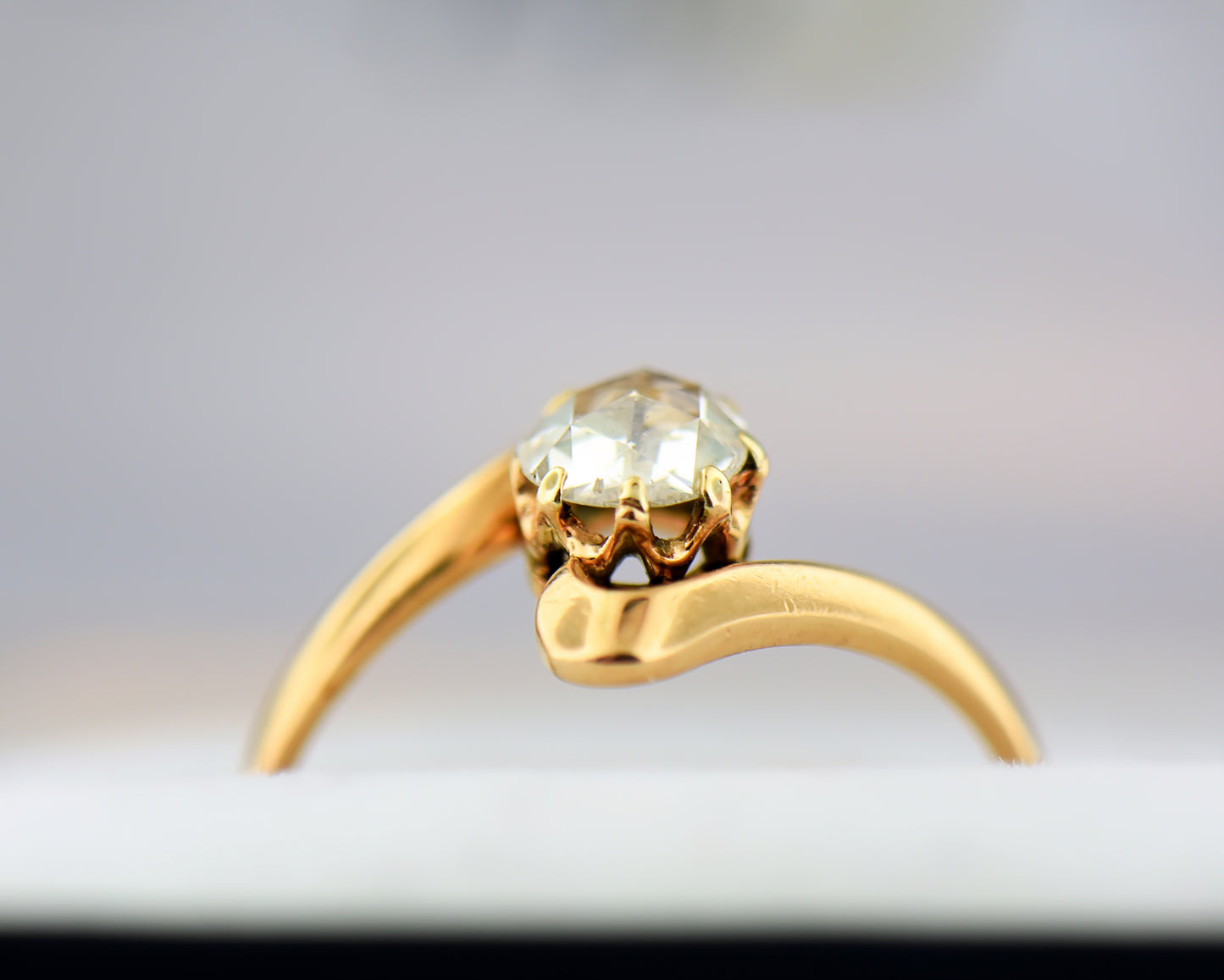 Antique Rose Cut Diamond Rose Gold Bypass Engagement Ring