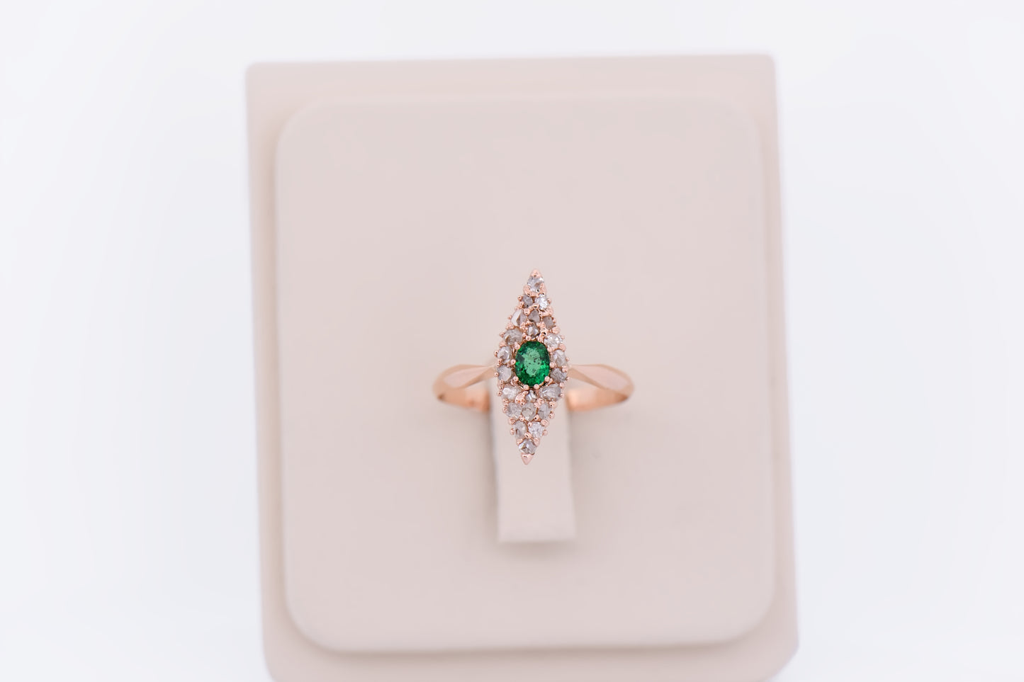 Antique Russian Red Gold Navette Ring with Emerald & Rose Cut Diamonds