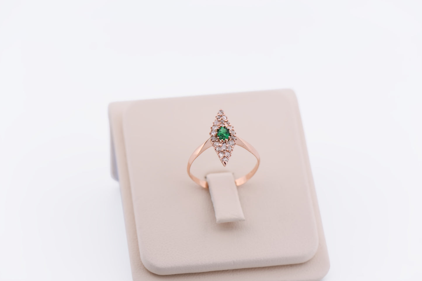 Antique Russian Red Gold Navette Ring with Emerald & Rose Cut Diamonds