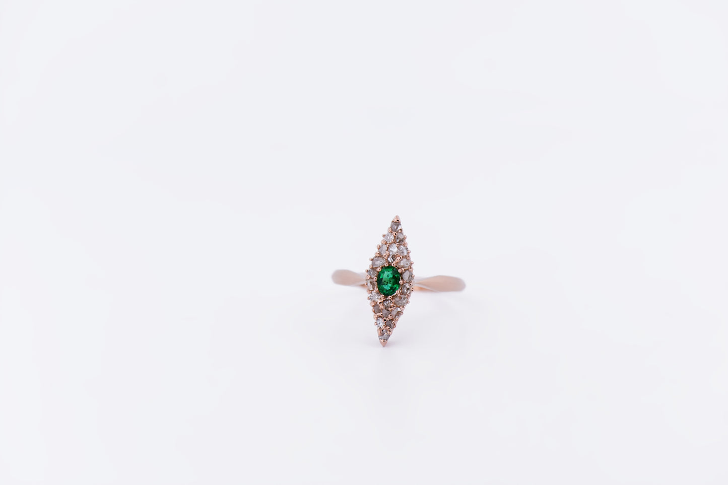 Antique Russian Red Gold Navette Ring with Emerald & Rose Cut Diamonds