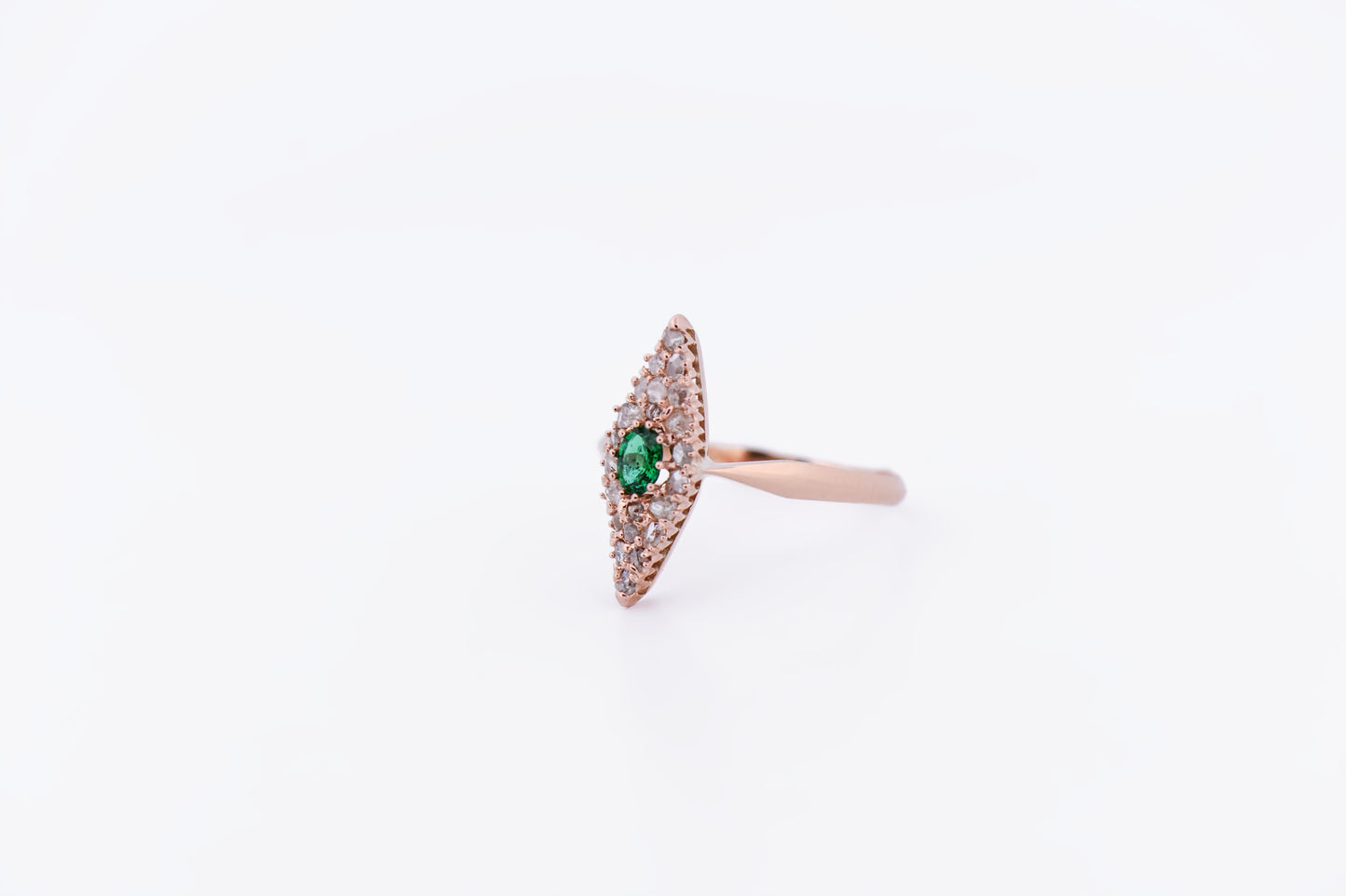 Antique Russian Red Gold Navette Ring with Emerald & Rose Cut Diamonds
