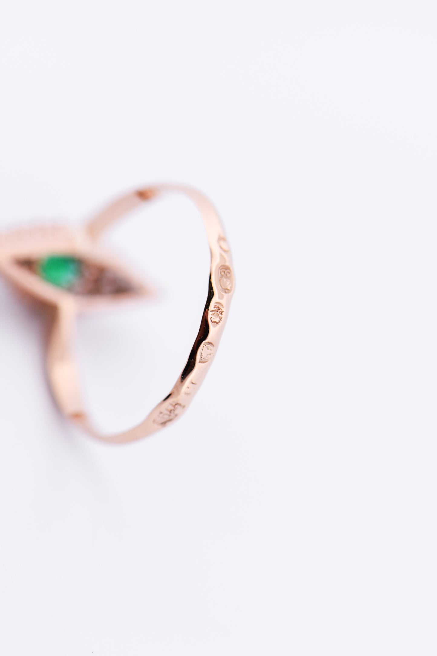 Antique Russian Red Gold Navette Ring with Emerald & Rose Cut Diamonds