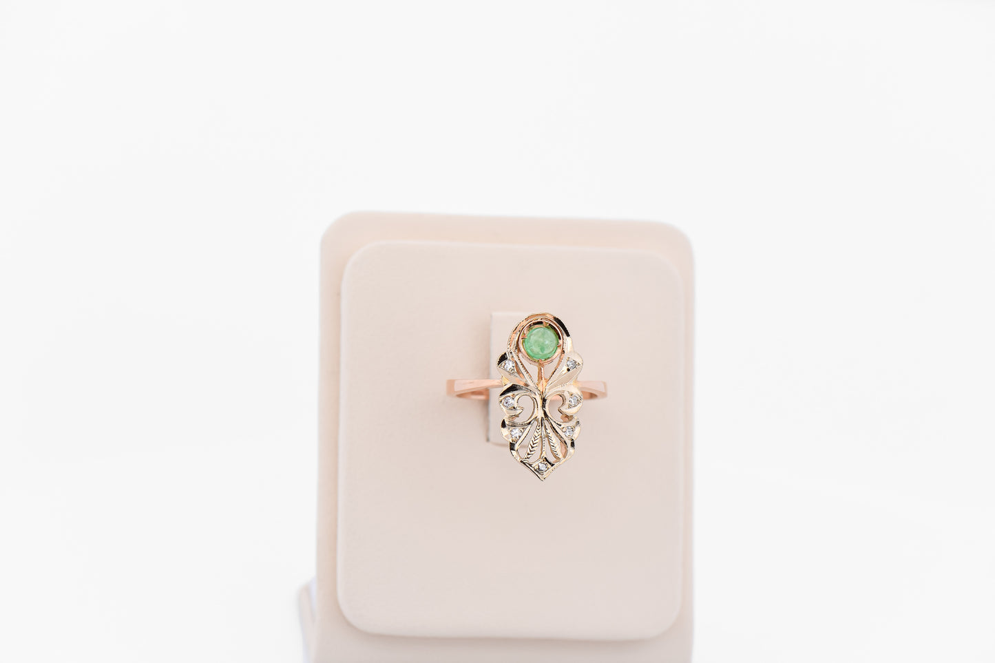 Antique Russian Rose Gold Cabochon Emerald & Diamond Ring