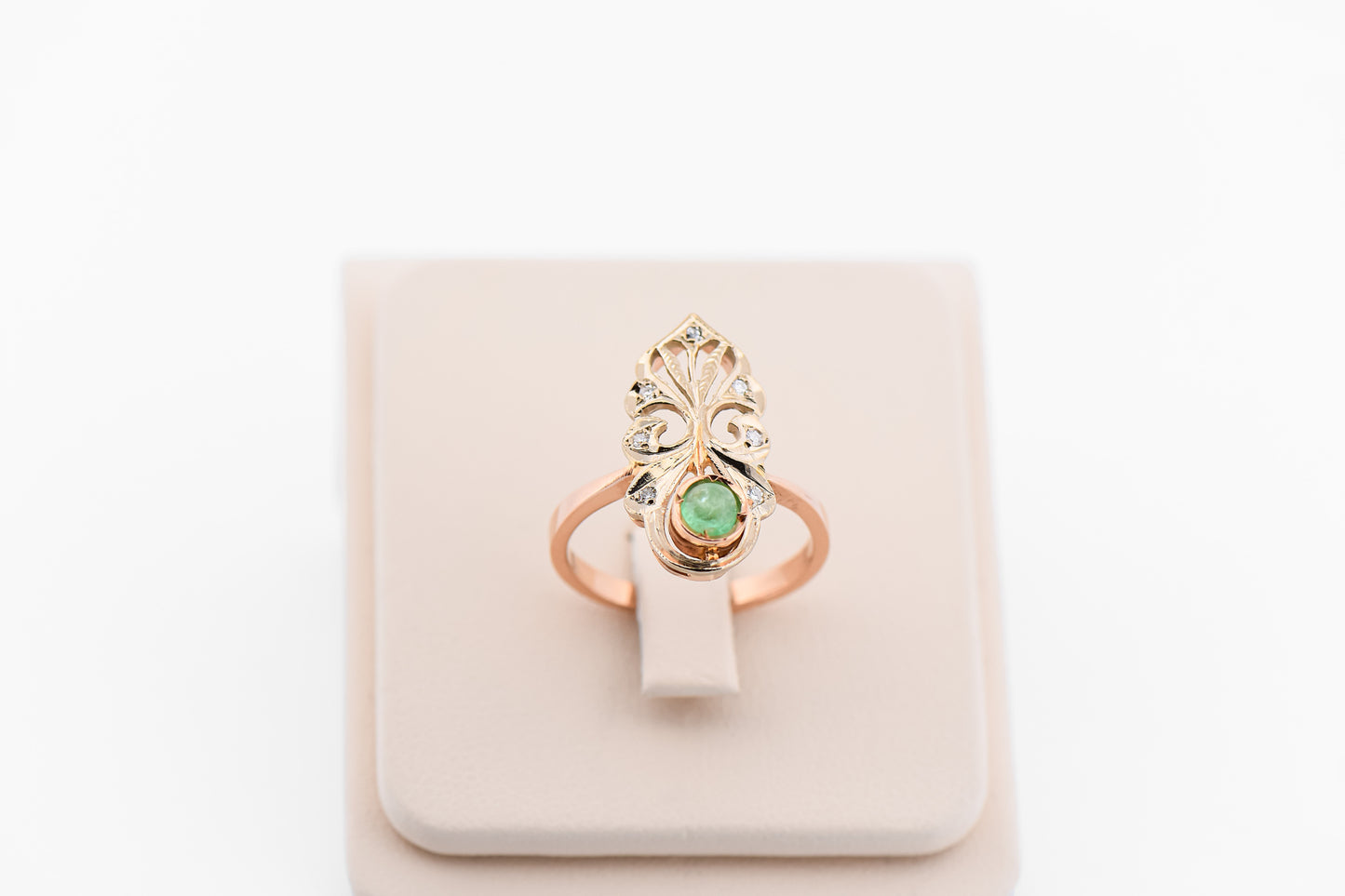 Antique Russian Rose Gold Cabochon Emerald & Diamond Ring