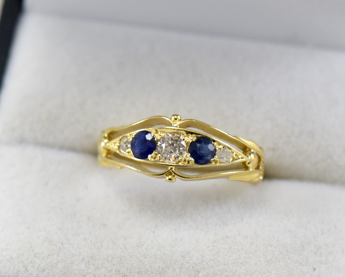 Edwardian British 18k Gold Sapphire & Diamond Wedding Ring