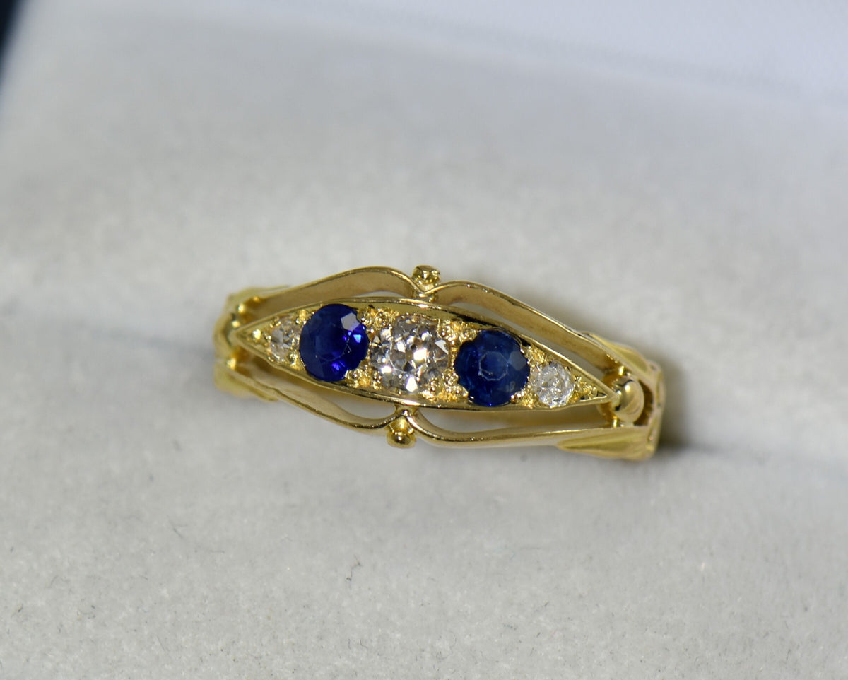 Edwardian British 18k Gold Sapphire & Diamond Wedding Ring