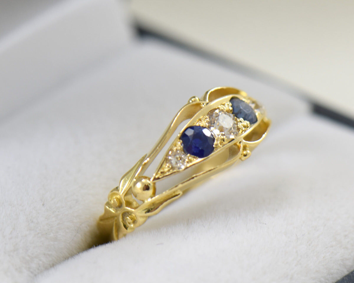 Edwardian British 18k Gold Sapphire & Diamond Wedding Ring
