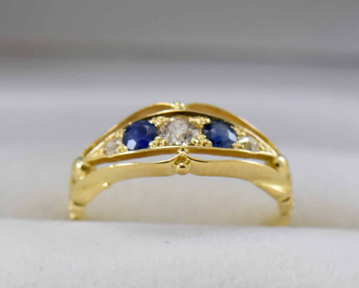 Edwardian British 18k Gold Sapphire & Diamond Wedding Ring
