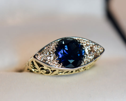 Antique Eye-Shaped Montana Sapphire & Diamond Ring