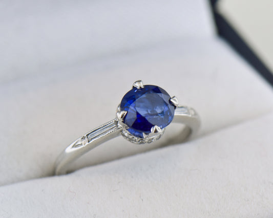 Art Deco Platinum Engagement Ring with Royal Blue Sapphire