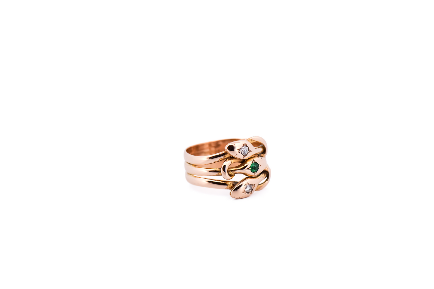 Antique Snake Ring with Emeralds & Diamonds in Yellow Gold