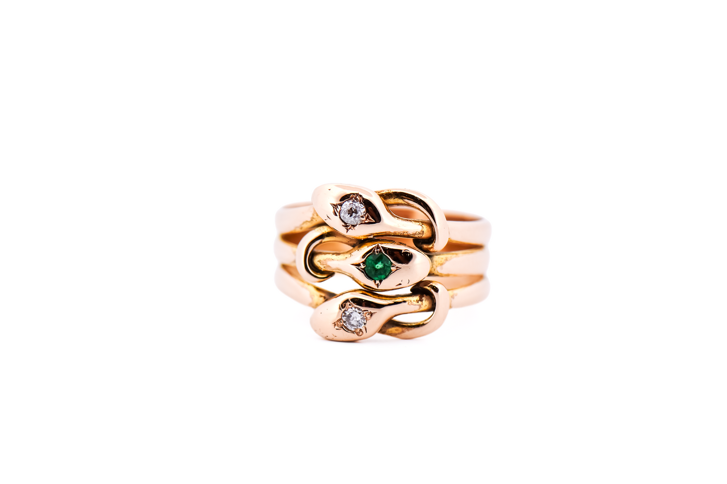 Antique Snake Ring with Emeralds & Diamonds in Yellow Gold