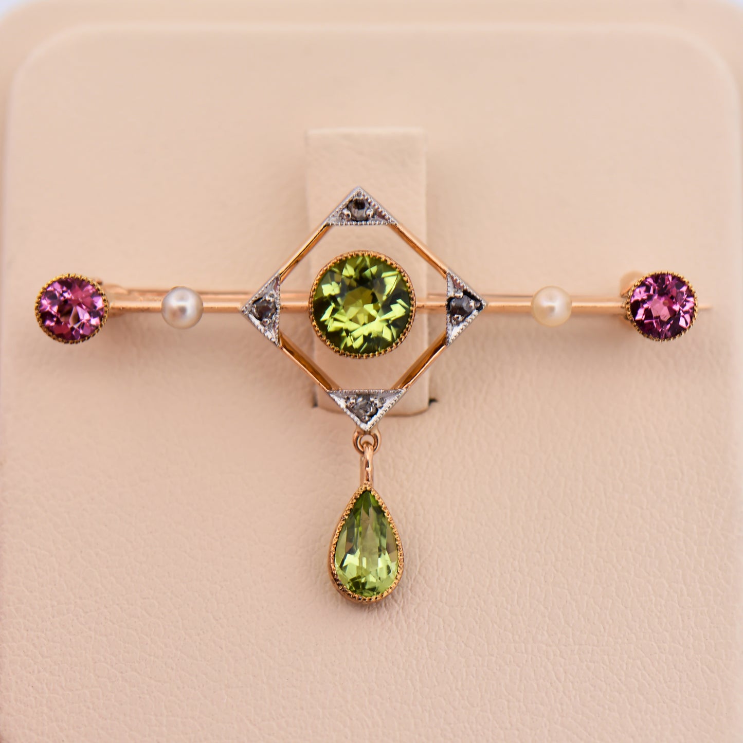 Antique Suffragette Brooch 15k Yellow Gold with Pink Tourmaline, Peridot, Pearl & Diamonds