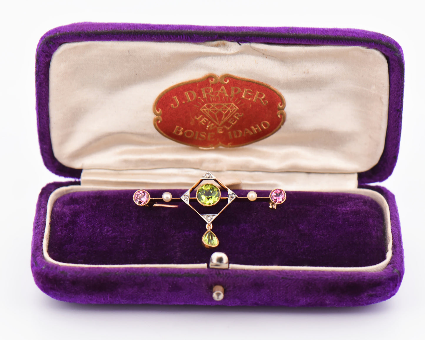 Antique Suffragette Brooch 15k Yellow Gold with Pink Tourmaline, Peridot, Pearl & Diamonds