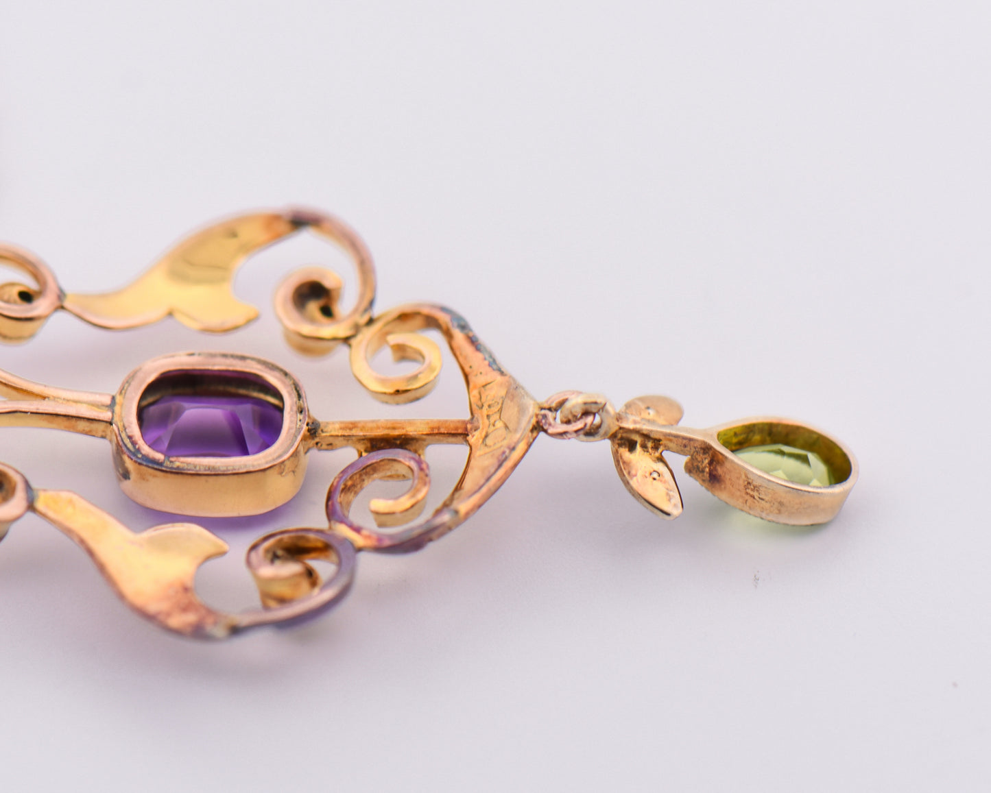 Antique Suffragette Necklace in 9k Rose Gold with Amethyst, Peridot & Pearls