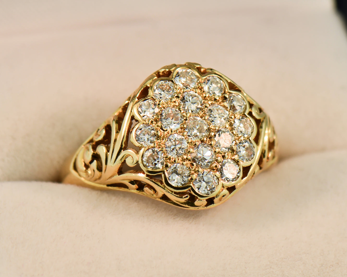Antique Unisex 18k Gold & Old Euro Cut Diamond Cluster Ring