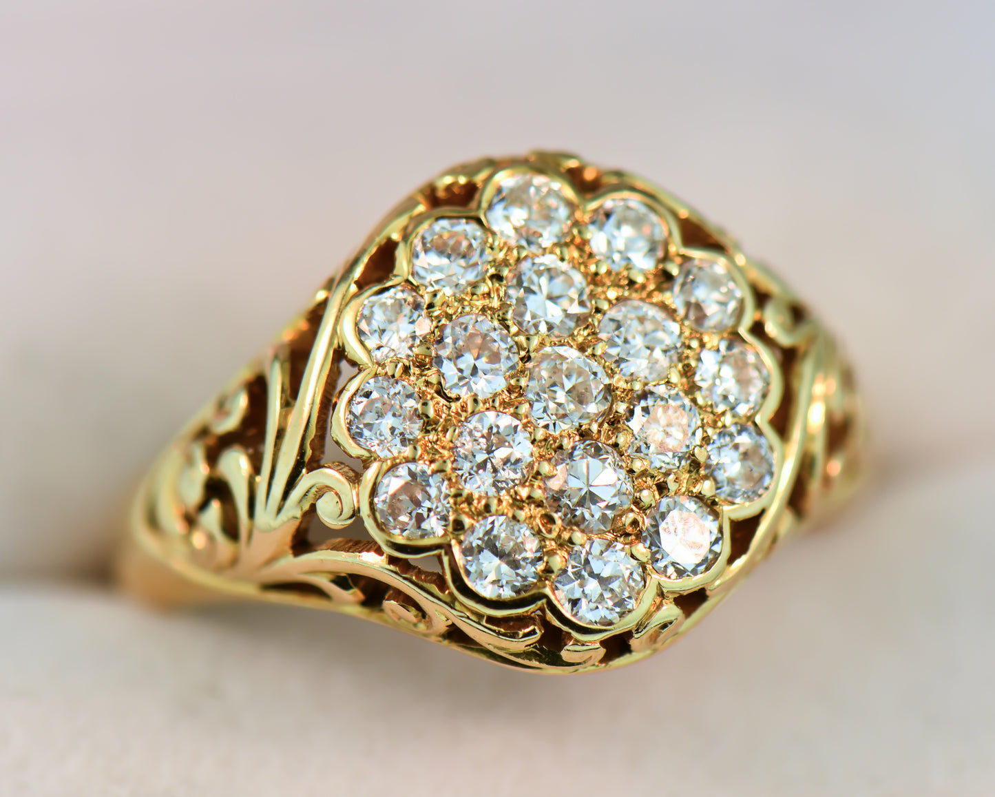 Antique Unisex 18k Gold & Old Euro Cut Diamond Cluster Ring