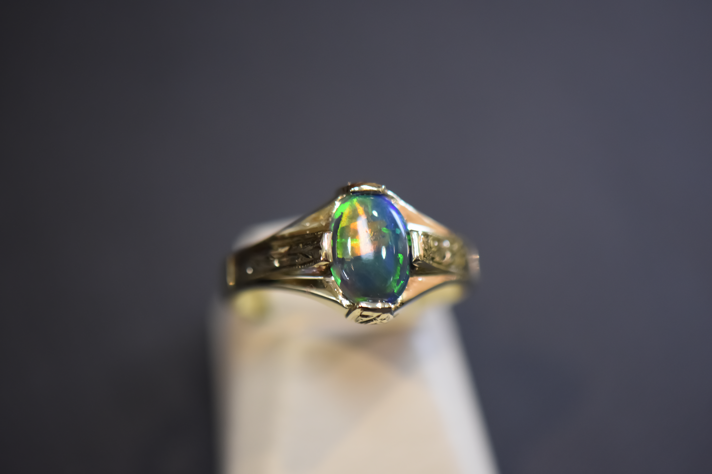 Antique Yellow Gold Solitaire Ring with Harlequin Black Opal