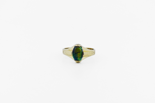 Antique Yellow Gold Solitaire Ring with Harlequin Black Opal